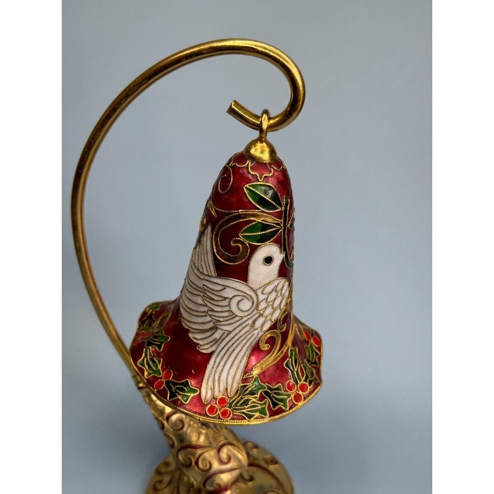 Vintage Musical Cloisonne Dove Christmas Bell Hanging Ornament w/Cloisonne Stand - Picture 5 of 6